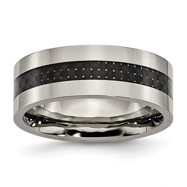 Titanium Wedding Band with Black Carbon Fiber Inlay, Polished Finish, Unisex - 8