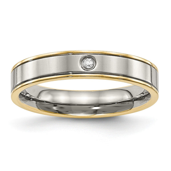 Titanium Polished Yellow IP Grooved Comfort Back CZ Ring - Birthstone Company