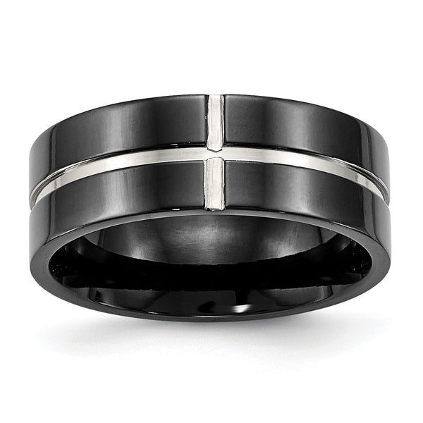 Titanium Polished Black IP Grooved Comfort Back Ring - Birthstone Company