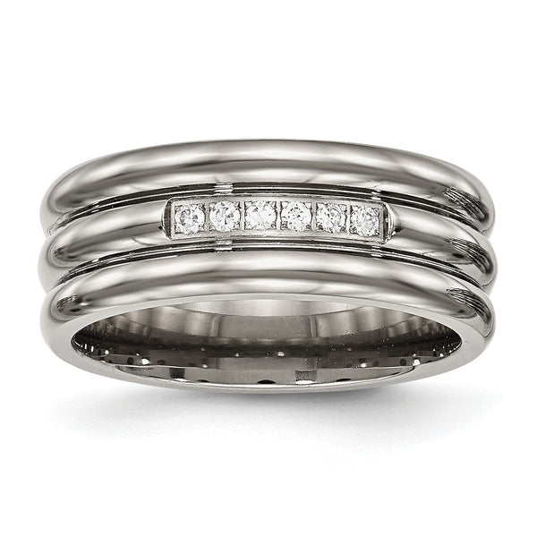 Titanium Polished Grooved CZ Ring - Birthstone Company