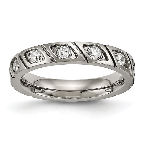 Titanium Polished Grooved CZ Ring - Birthstone Company
