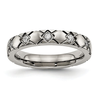 Titanium Polished Criss Cross Grooved CZ Ring - Birthstone Company