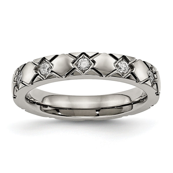 Titanium Polished Criss Cross Grooved CZ Ring - Birthstone Company