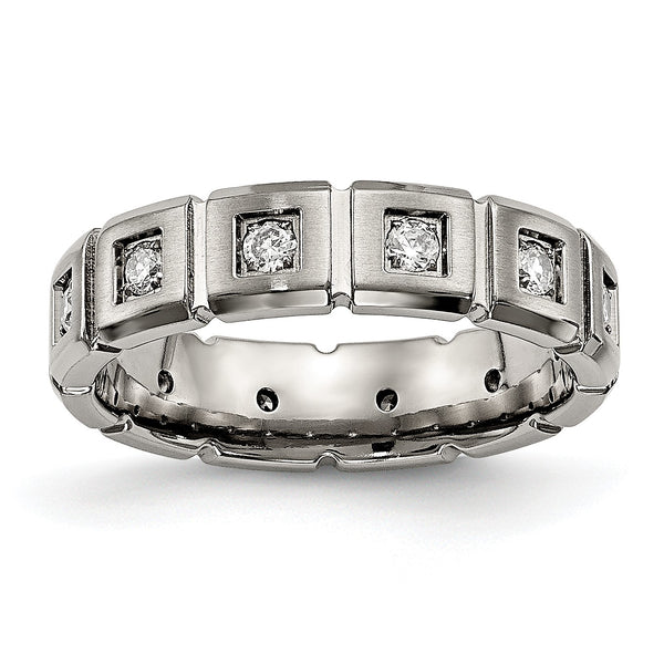 Titanium Brushed/Polished Grooved CZ Ring - Birthstone Company