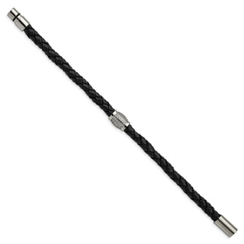 Titanium Polished CZs Black Leather Bracelet - Birthstone Company