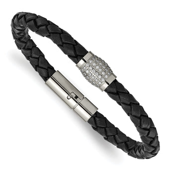 Titanium Polished CZs Black Leather Bracelet - Birthstone Company