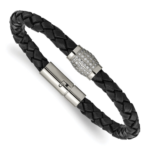 Titanium Polished CZs Black Leather Bracelet - Birthstone Company