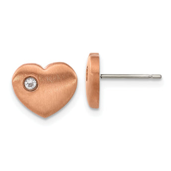 Chisel Titanium Brushed Rose IP-plated with CZ Heart Post Earrings