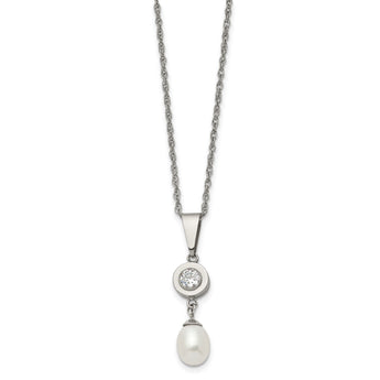 Chisel Titanium Polished with CZ and Freshwater Cultured Pearl 22 inch Necklace - Birthstone Company