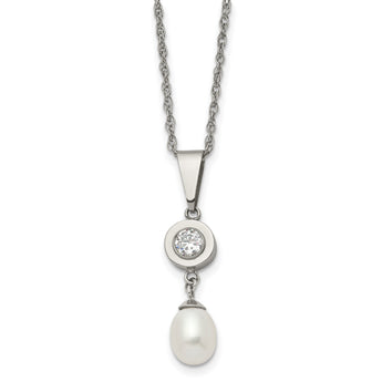 Chisel Titanium Polished with CZ and Freshwater Cultured Pearl 22 inch Necklace - Birthstone Company