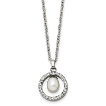 Chisel Titanium Polished with CZ and Freshwater Cultured Pearl 22 inch Necklace - Birthstone Company