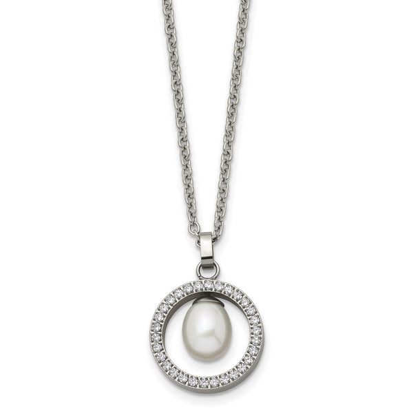 Chisel Titanium Polished with CZ and Freshwater Cultured Pearl 22 inch Necklace - Birthstone Company