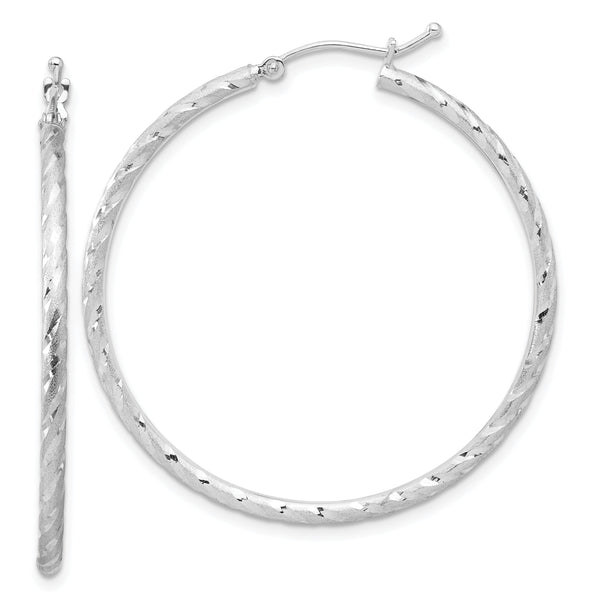 14k White Gold Polished and Satin D/C 2.00mm Hoop Earrings