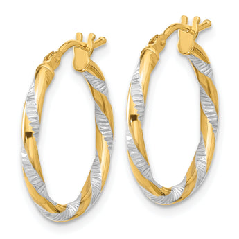 14K and White Rhodium Polished Diamond-cut Hoop Earrings