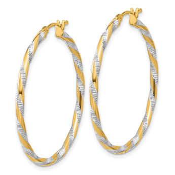 14K and White Rhodium Polished Diamond-cut Hoop Earrings