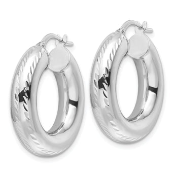 14k White Gold Polished D/C 6mm Hollow Round Hoop Earrings