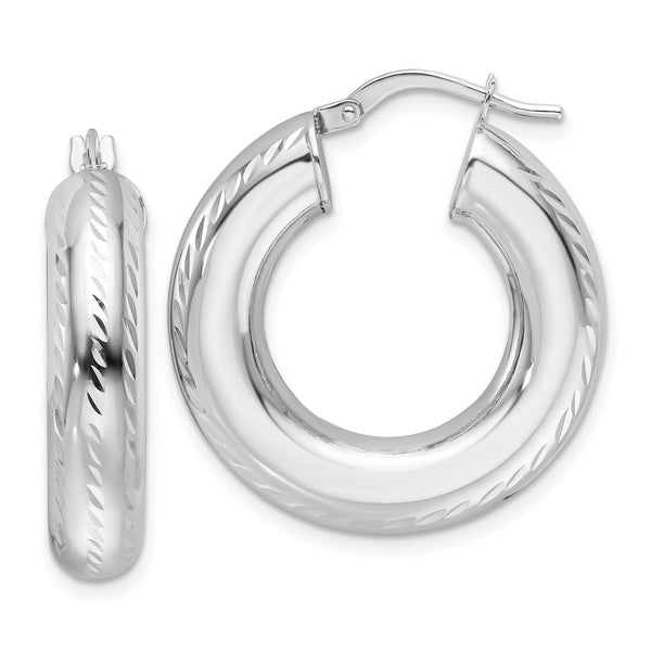 14k White Gold Polished D/C 6mm Hollow Round Hoop Earrings
