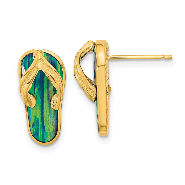 14k Polished w/Created Blue Opal Flip Flop Post Earrings