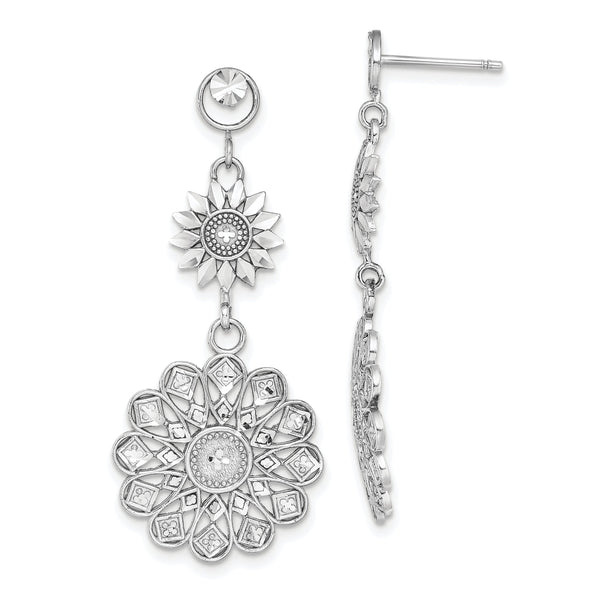 14K White Gold D/C Sunflower Style Double Drop  Earrings
