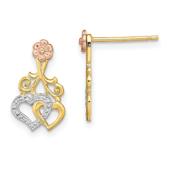 14k Two-tone w/White Rhodium Hearts and Flower Post Earrings