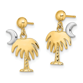 14K W/ Rhodium Charleston Palm Tree w/ Moon Dangle Earrings