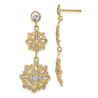 14K w/Rhodium D/C  Filigree Floral Post Dangle Earrings