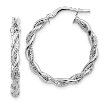 14k White Gold Medium 3mm Polished & Diamond-cut Twisted Hoops