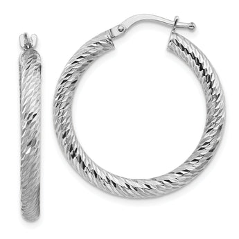 14k 3x20mm White Gold Diamond-cut Round Hoop Earrings