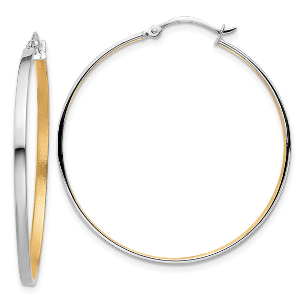 14kw w/Yellow Rhodium Polished and Brushed 2mm Hoop Earrings