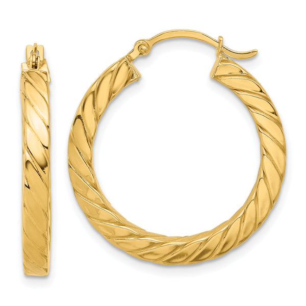 14k Polished & Twisted 3mm Square Tube Hoop Earrings