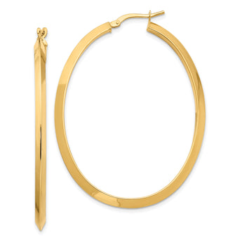 14K Large 3mm Knife Edge Oval Hoop Earrings