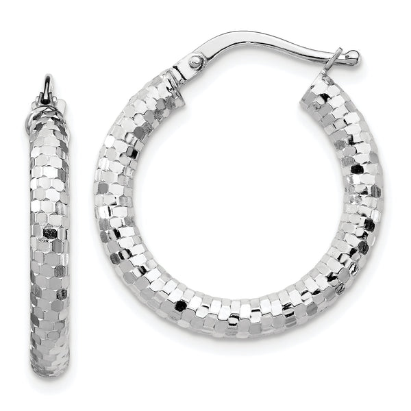 14k White Gold 3x22mm Diamond-cut Hoop Earrings