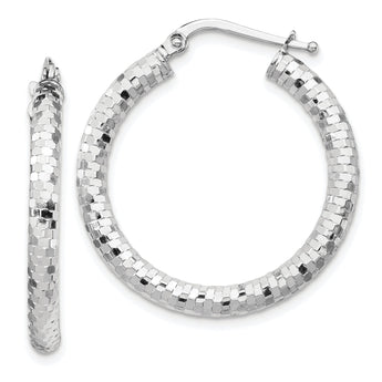 14k White Gold 3x27mm Diamond-cut Hoop Earrings