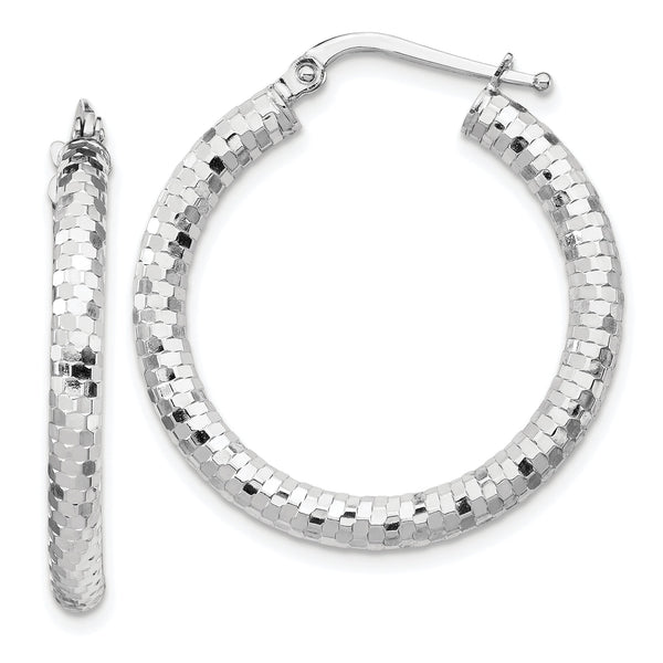 14k White Gold 3x27mm Diamond-cut Hoop Earrings