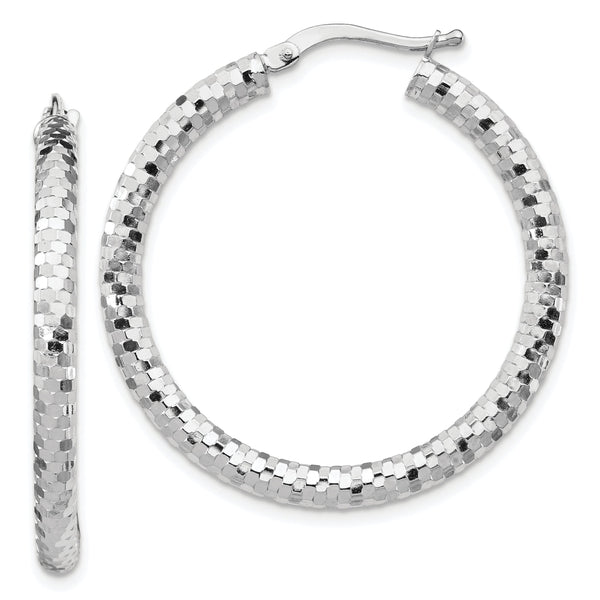 14k White Gold 3x32mm Diamond-cut Hoop Earrings