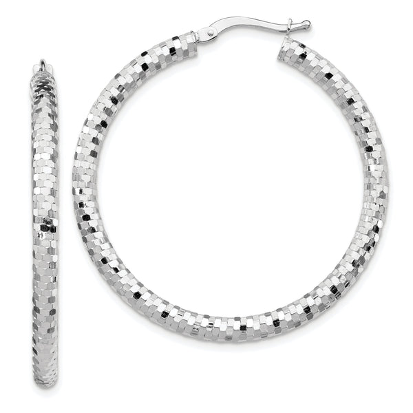 14k White Gold 3x38mm Diamond-cut Hoop Earrings