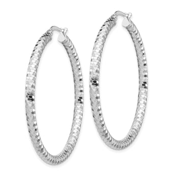 14k White Gold 3x35mm Diamond-cut Hoop Earrings