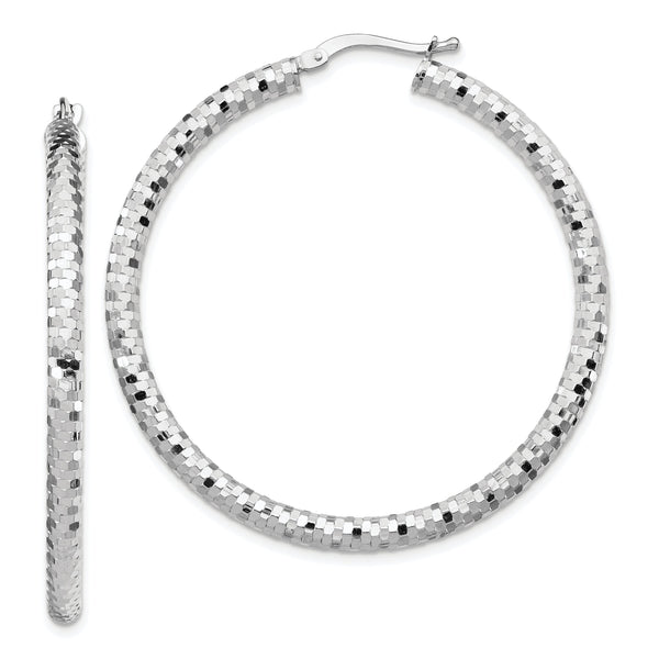 14k White Gold 3x35mm Diamond-cut Hoop Earrings