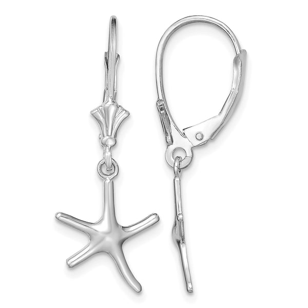 14K White Gold 3-D Mini Starfish Leverback Earrings - Birthstone Company