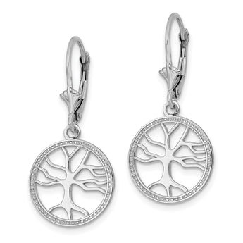 14K White Gold Tree of Life In Round Frame Leverback Earrings - Birthstone Company