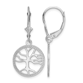 14K White Gold Tree of Life In Round Frame Leverback Earrings - Birthstone Company