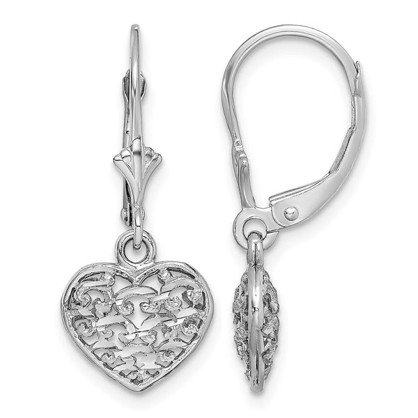 14K White Gold 3-D Mini D/C Puffed Heart Leverback Earrings - Birthstone Company