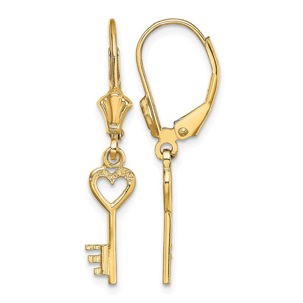 14K Polished Heart Key Leverback Earrings - Birthstone Company