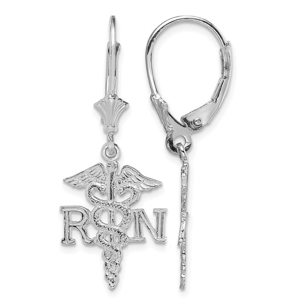 14K White Gold RN Caduceus Leverback Earrings - Birthstone Company