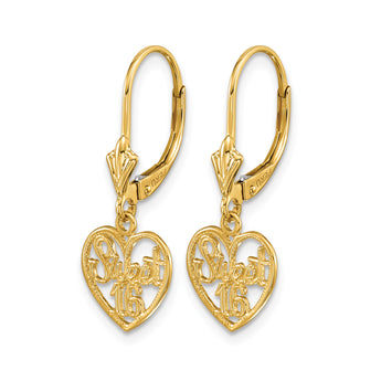 14K Polished SWEET 16 in Heart Dangle Leverback Earrings - Birthstone Company