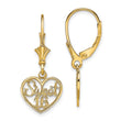 14K Polished SWEET 16 in Heart Dangle Leverback Earrings