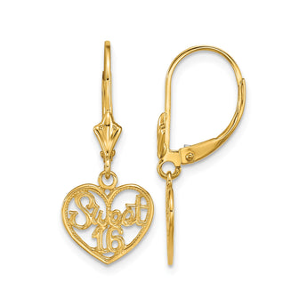 14K Polished SWEET 16 in Heart Dangle Leverback Earrings - Birthstone Company