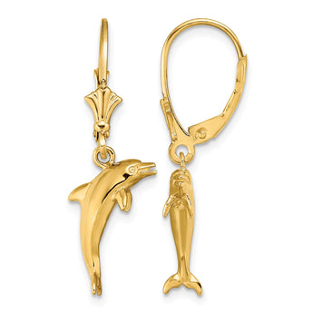 14K 3-D Mini Dolphin Jumping Leverback Earrings - Birthstone Company