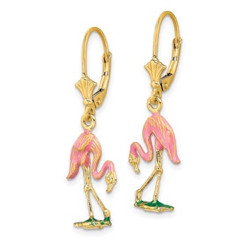 14K W/ Enamel 3-D Flamingo Leverback Earrings - Birthstone Company