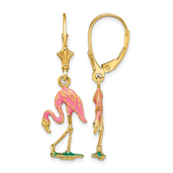 14K W/ Enamel 3-D Flamingo Leverback Earrings - Birthstone Company